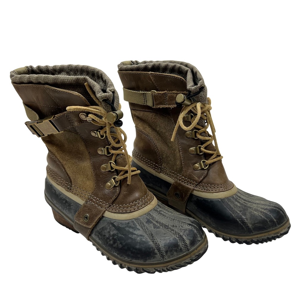 Sorel Slimpack Riding Tall Brown Black Leather Waterproof Duck Boots Womens 8.5